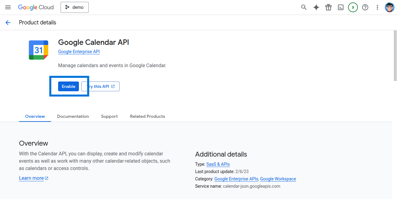 Enable Google Calendar API