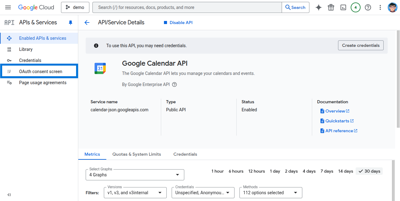OAuth consent screen menu