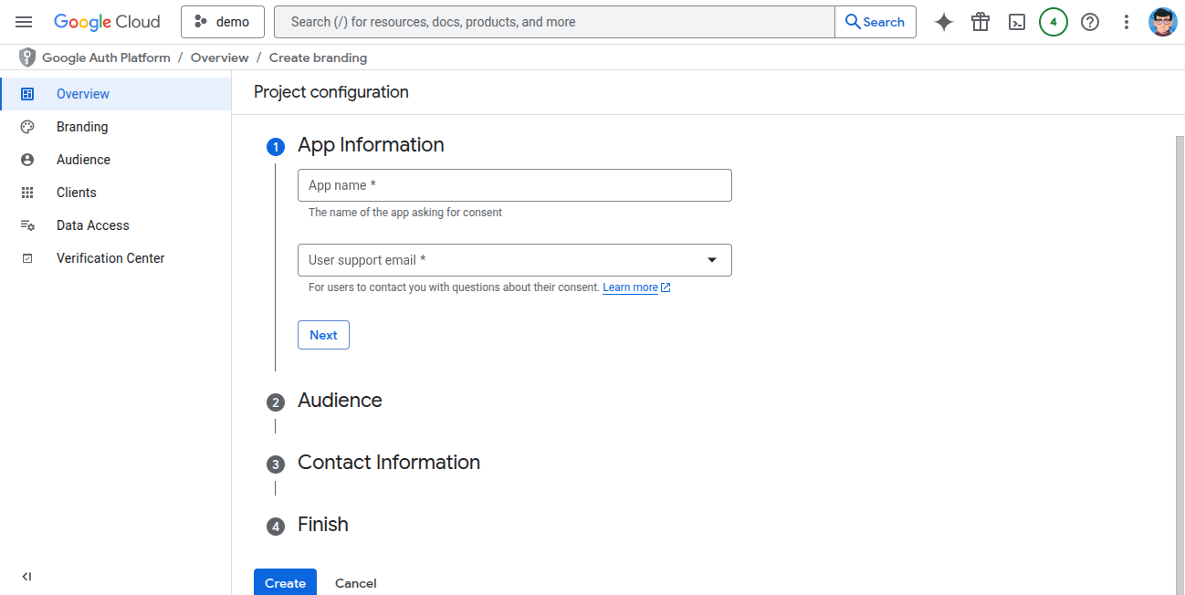 OAuth consent screen form