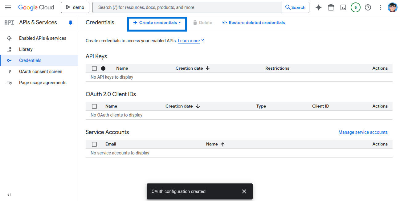 Create credentials button