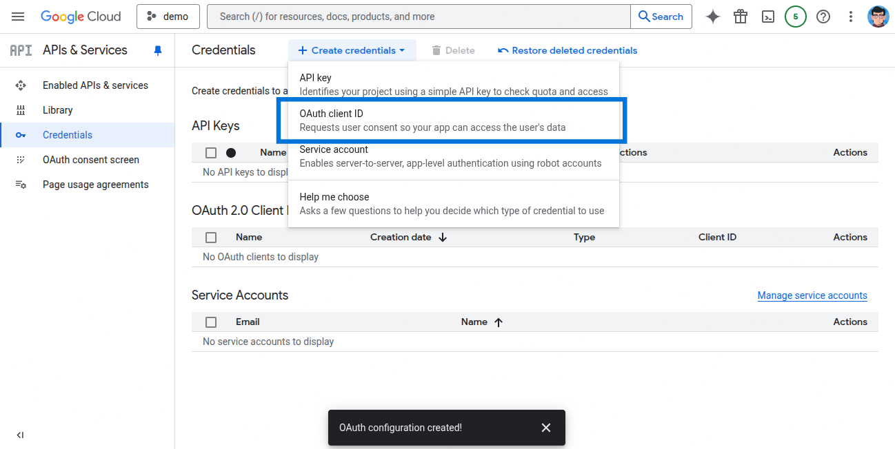 OAuth Client ID selection
