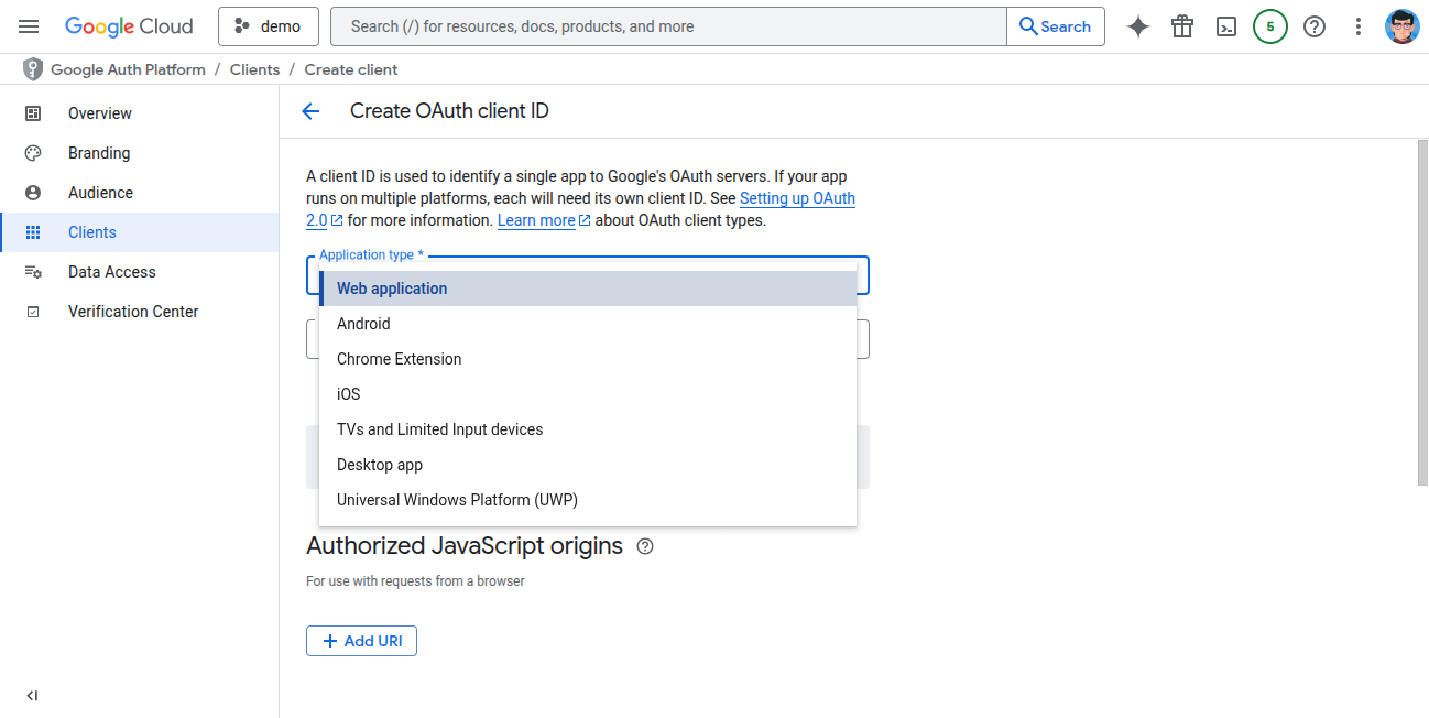 Web application OAuth settings