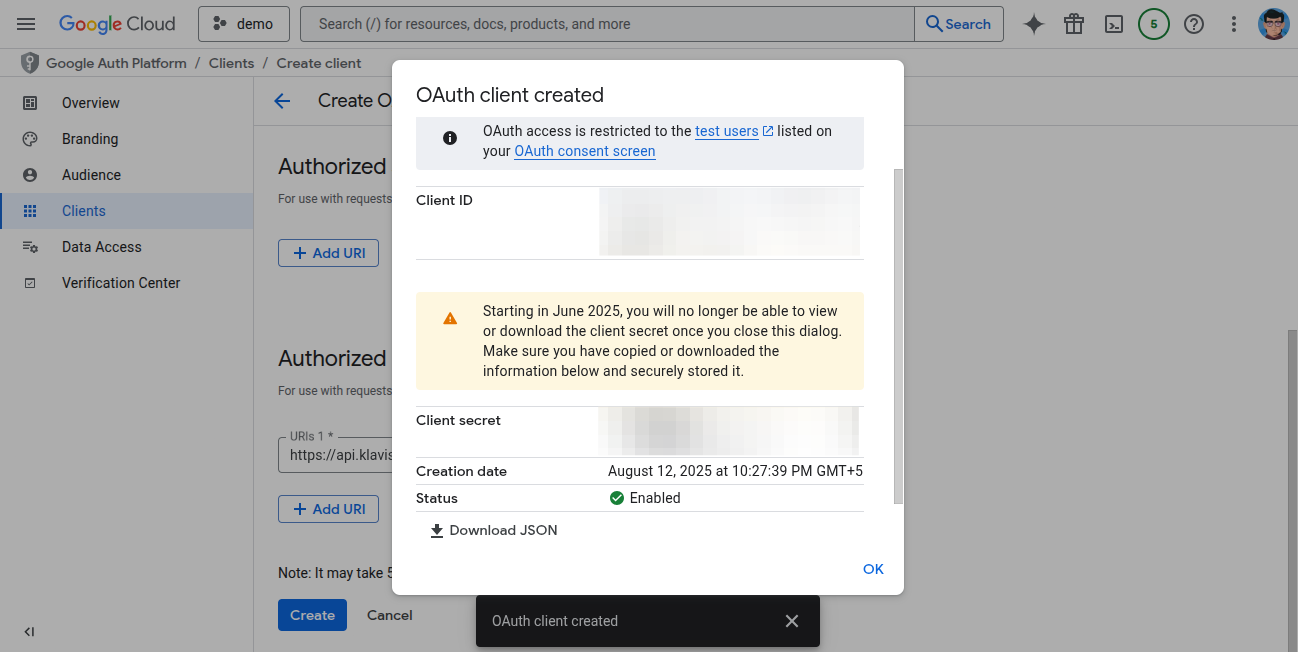OAuth credentials screen