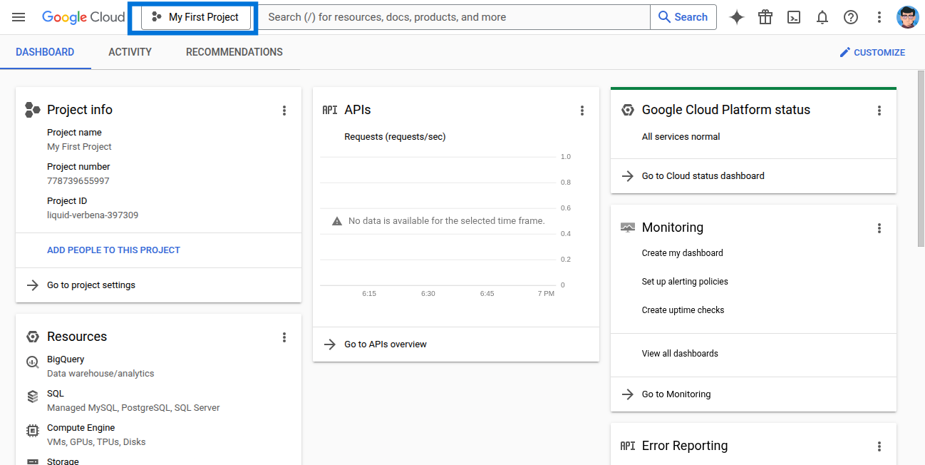 Google Cloud project dropdown