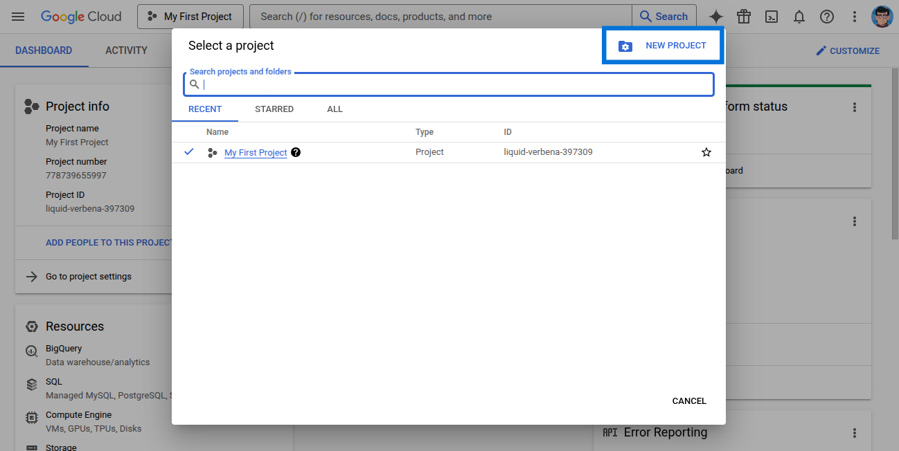 Google Cloud new project button