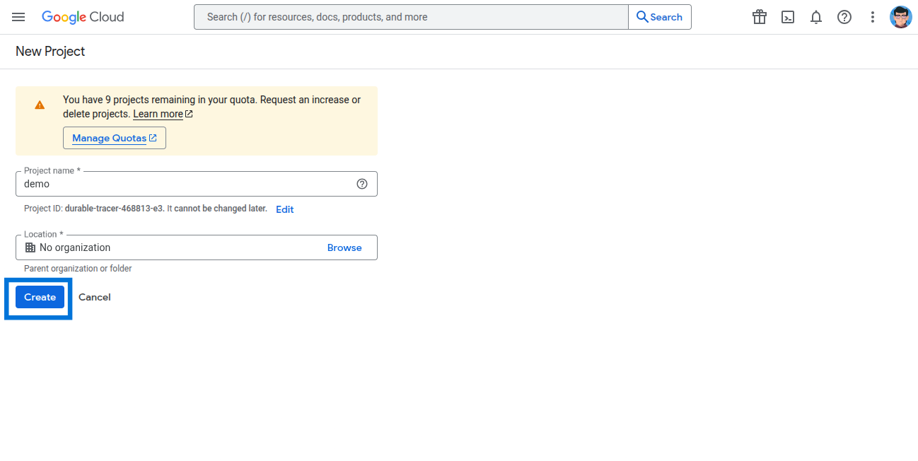 Google Cloud create project form
