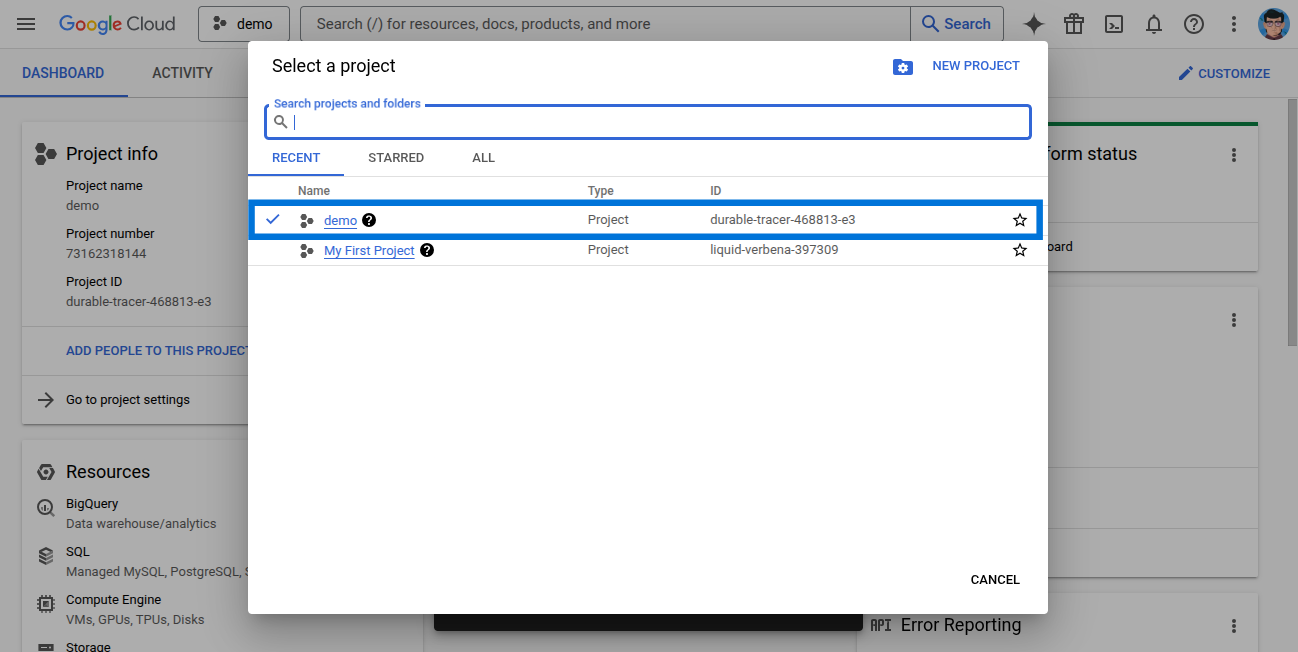 Google Cloud select project