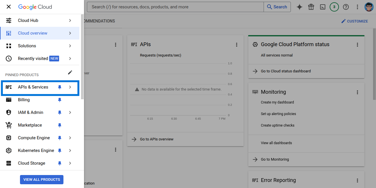 Google Cloud APIs & Services menu