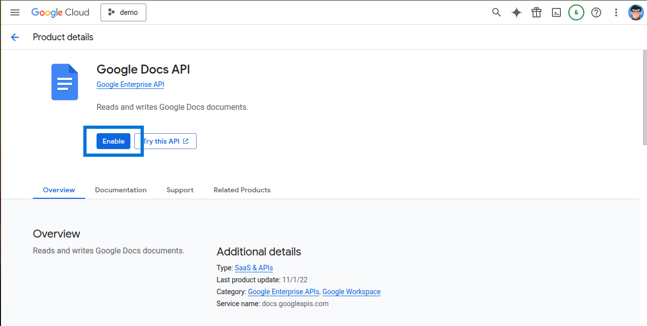 Enable Google Docs API