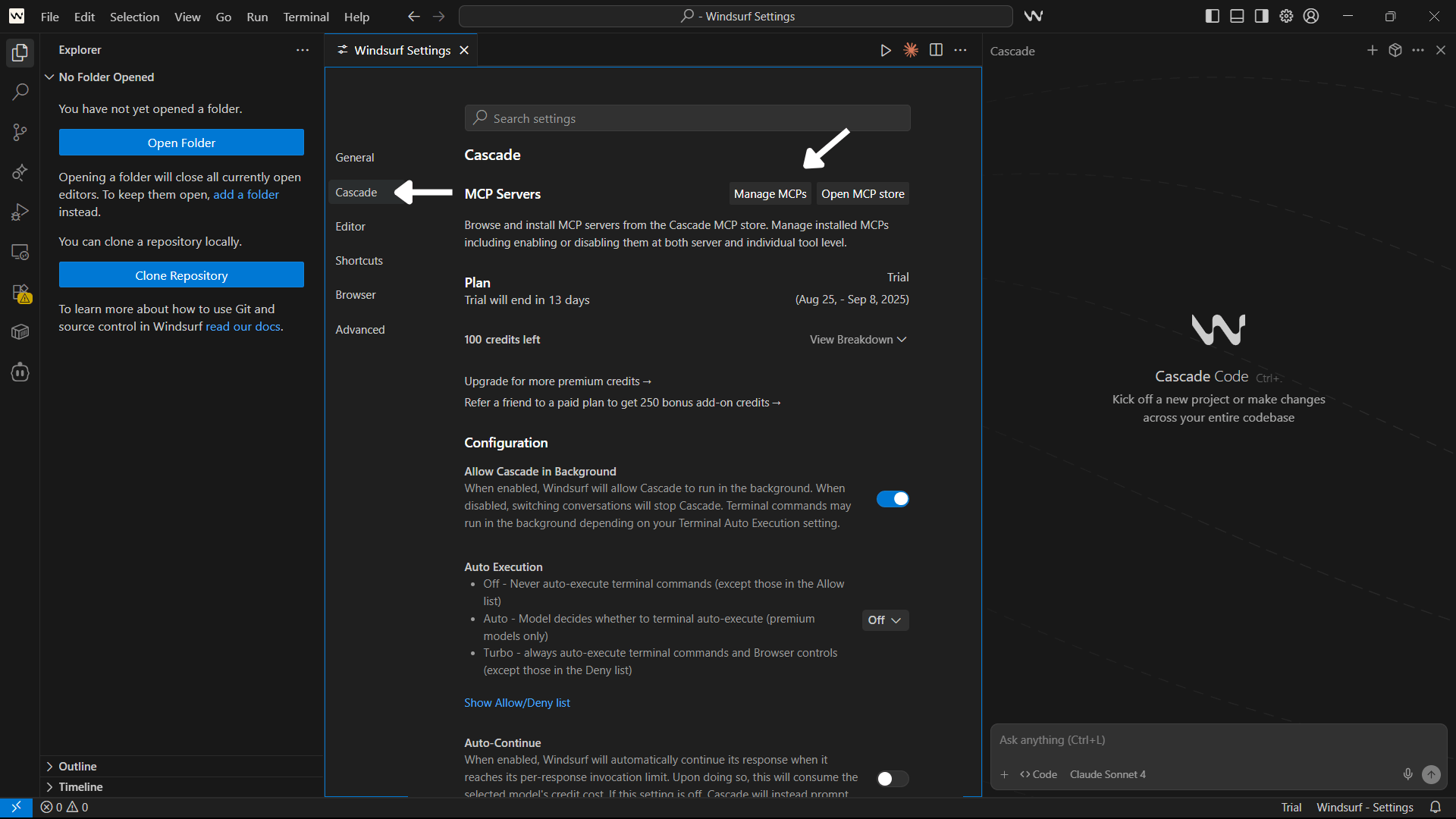Windsurf Cascade and MCPs settings