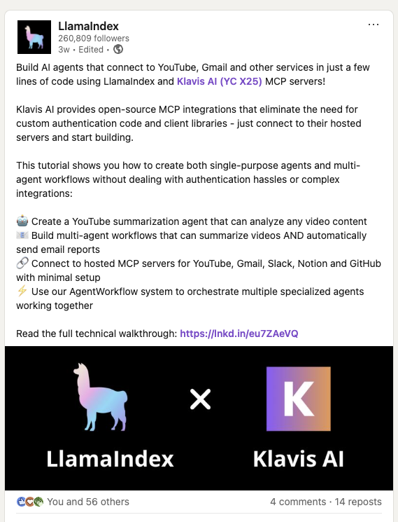 LlamaIndex and Klavis Integration - Build AI agents that connect to MCP Servers
