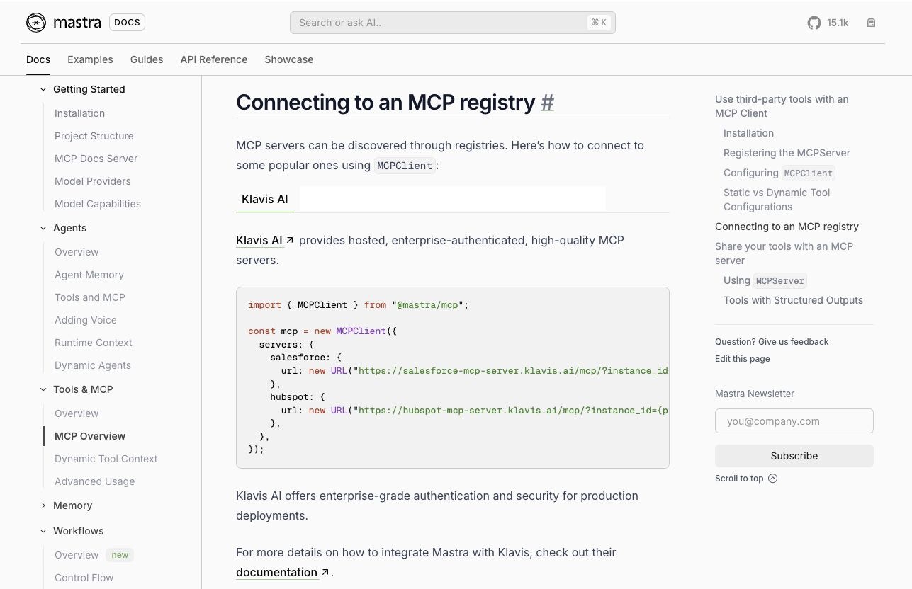 Mastra and Klavis Integration - Connect to MCP servers through registry