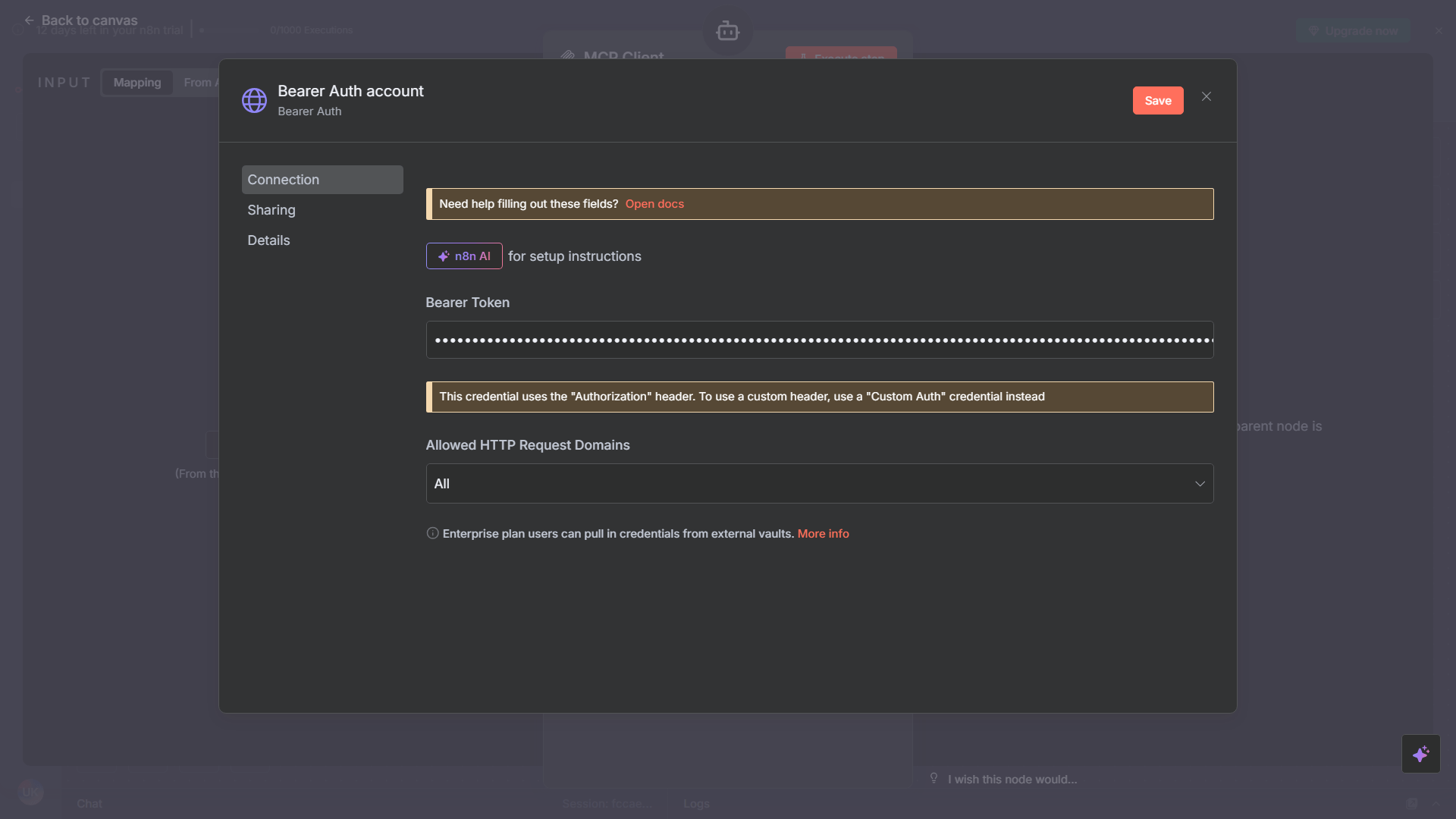 Bearer Auth connected to n8n workflow