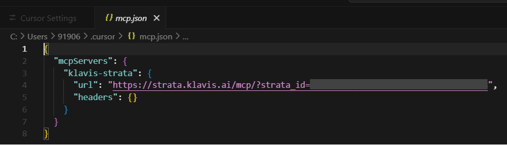 Paste Strata code in mcp.json