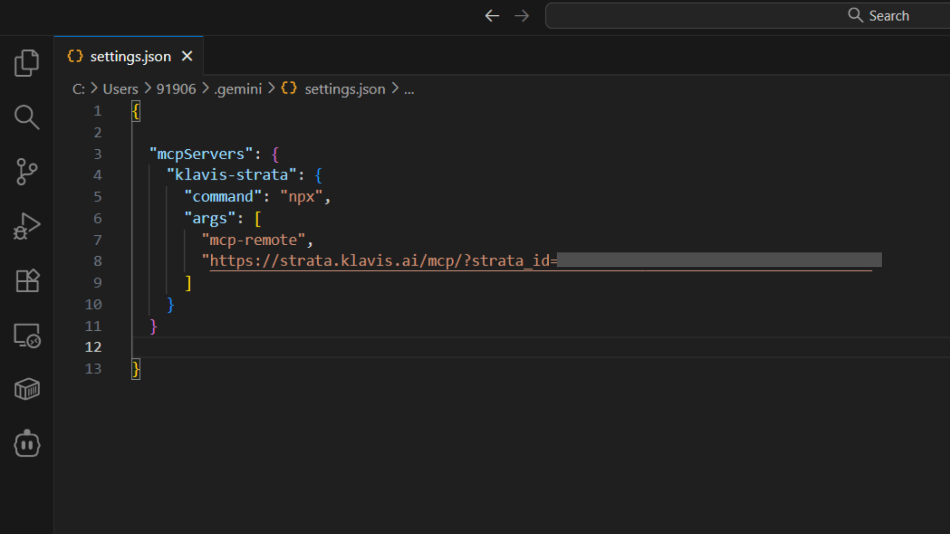 Paste Strata Server URL in settings.json