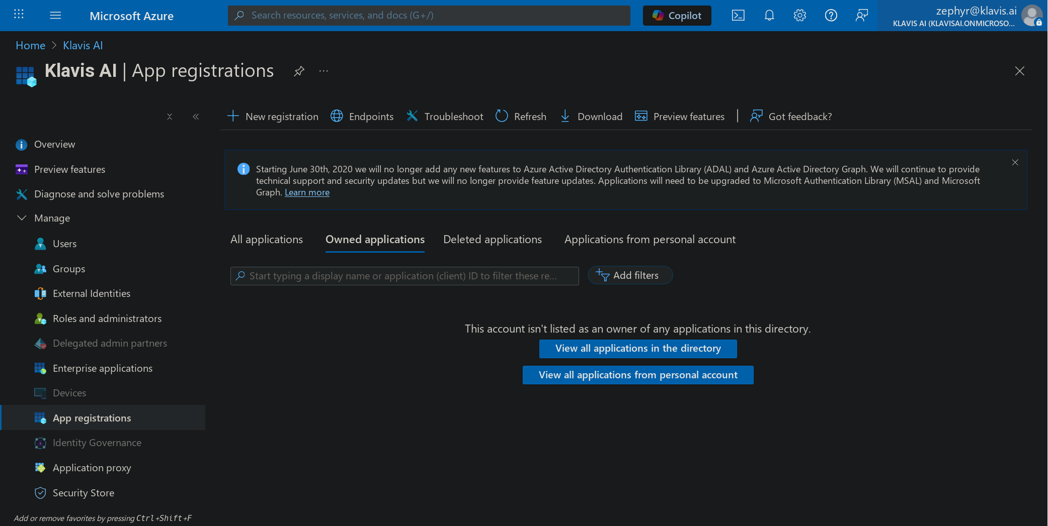 App Registrations Page