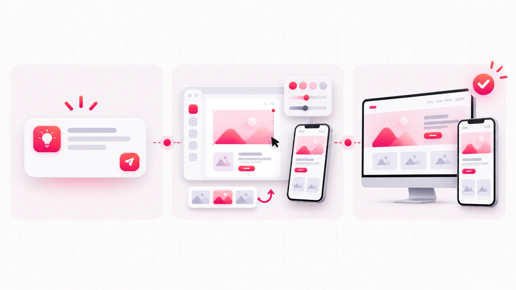 A three-stage illustration showing a prompt becoming an edited responsive product and then a published result