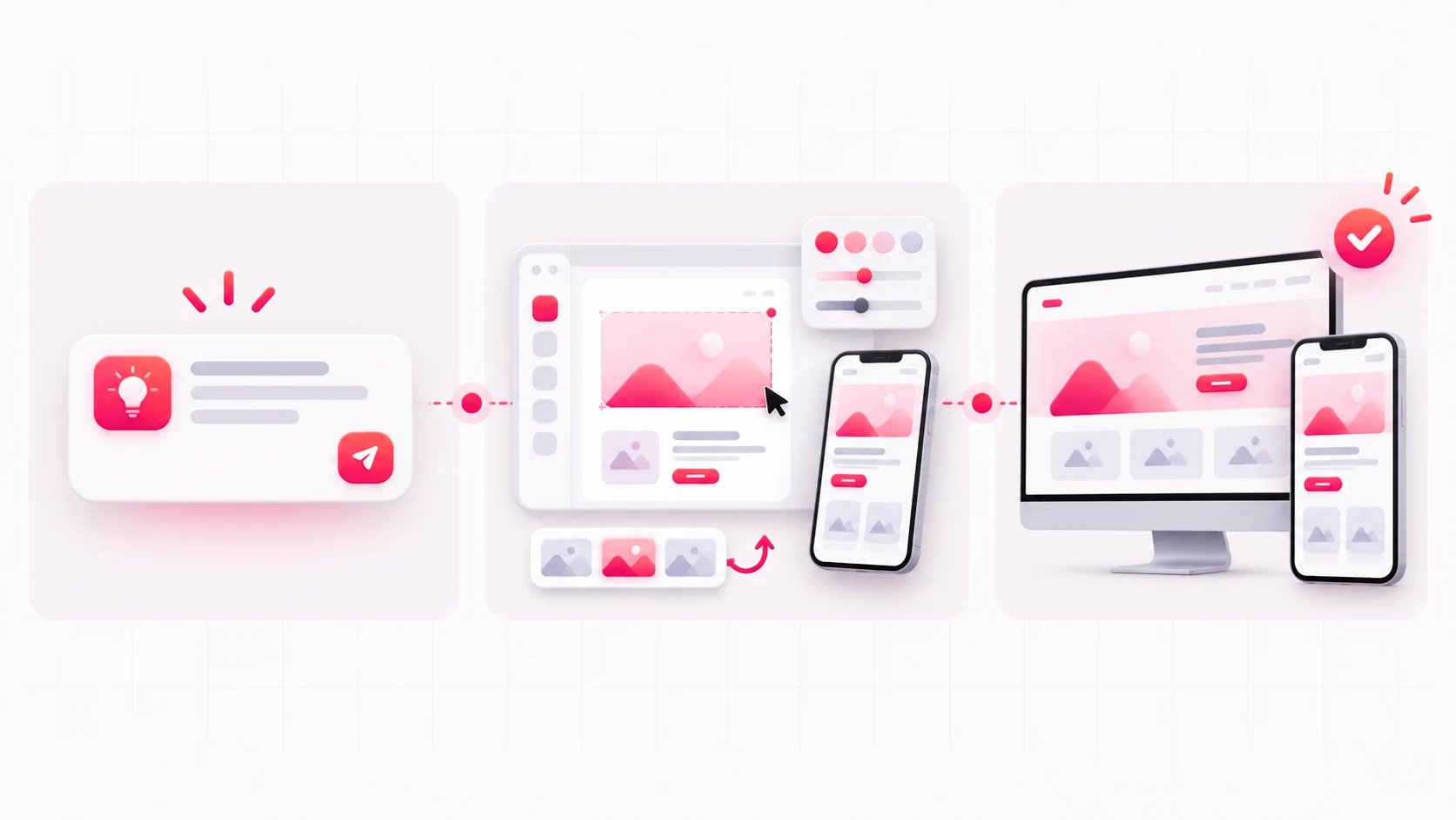 A three-stage illustration showing a prompt becoming an edited responsive product and then a published result