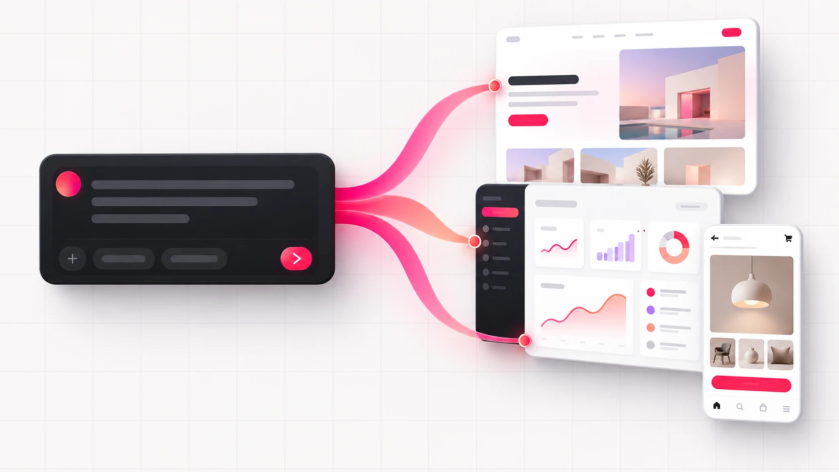 An idea flowing from a conversational prompt into a website, an app dashboard, and a mobile storefront
