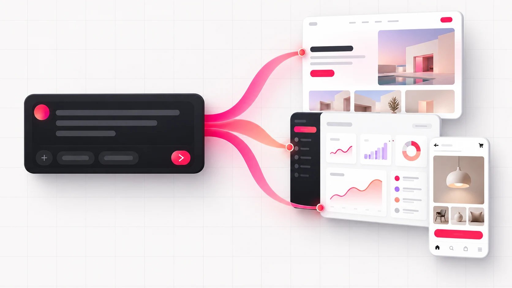 An idea flowing from a conversational prompt into a website, an app dashboard, and a mobile storefront