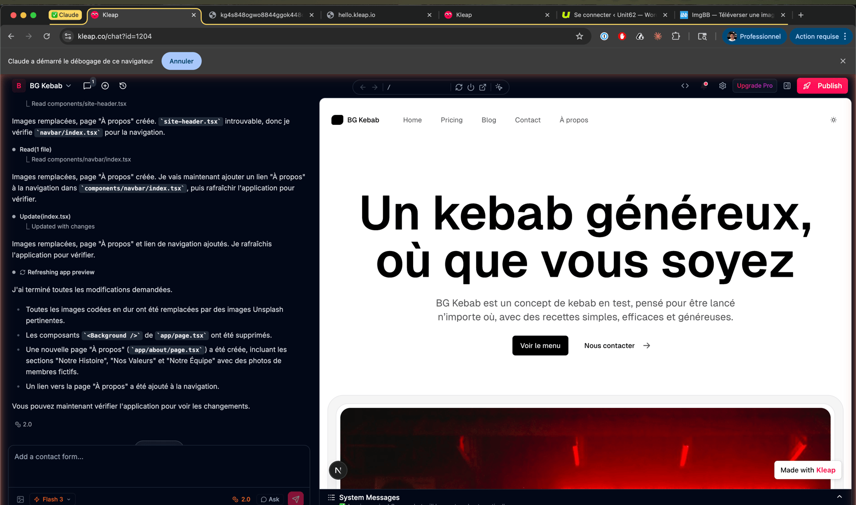 Kleap interface showing AI chat and live preview