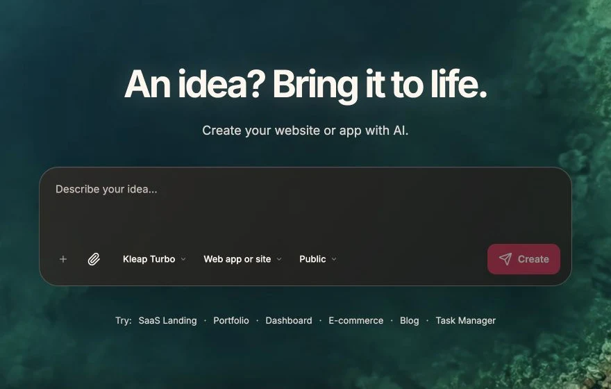 Kleap creation screen in English with Describe your idea and Create