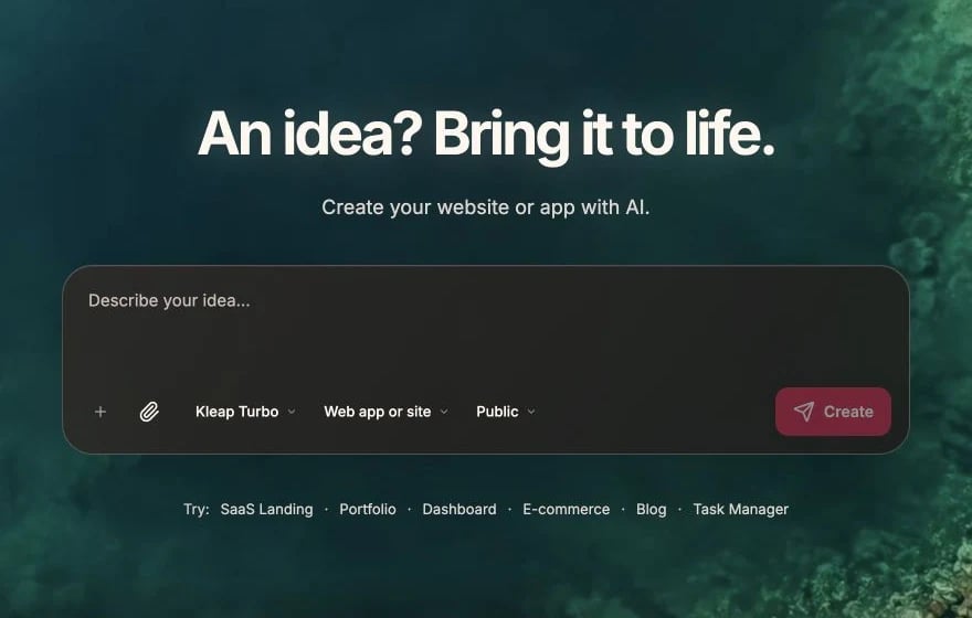 Kleap creation screen in English with Describe your idea and Create