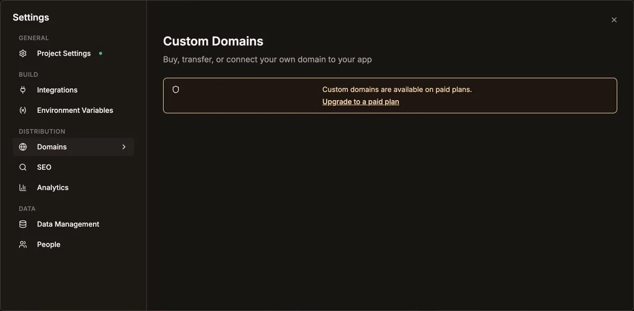 Kleap Settings in English with the Domains section selected