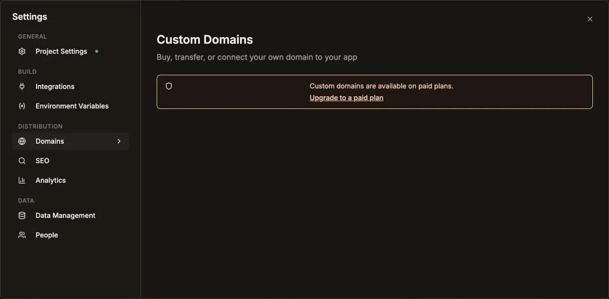 Kleap Settings in English with the Domains section selected