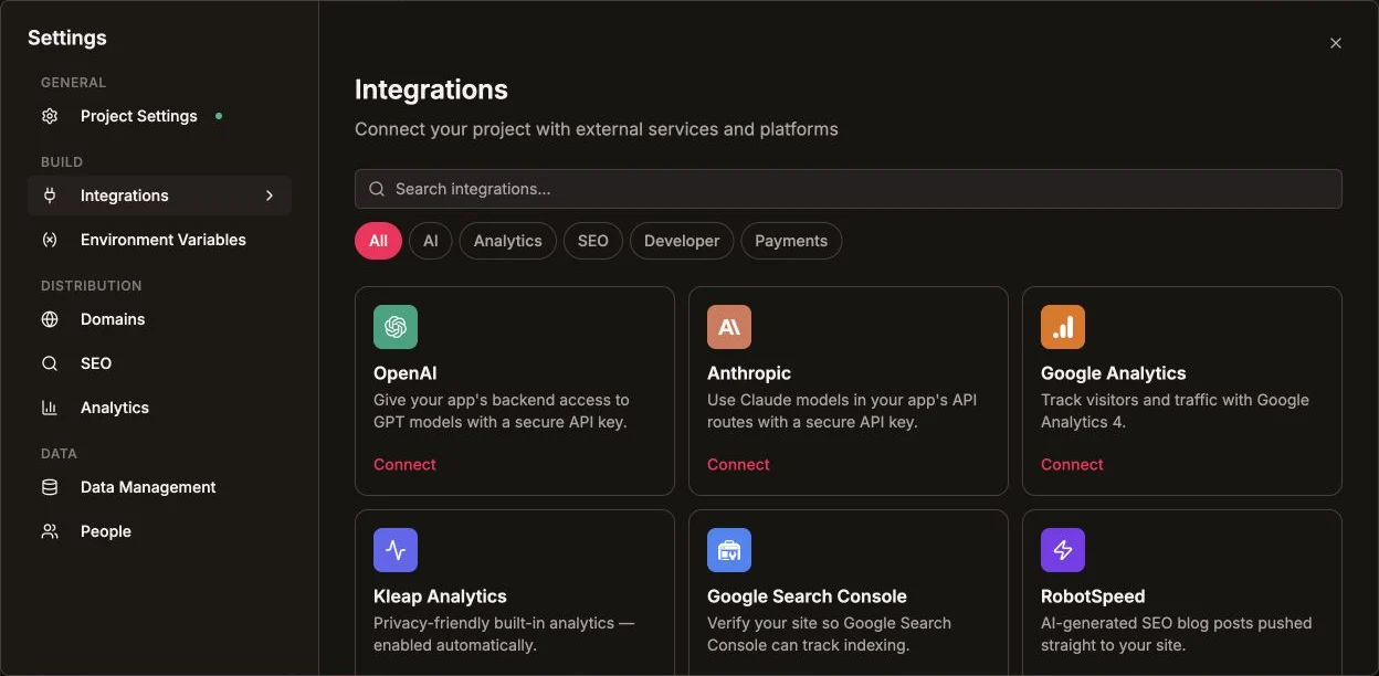 Kleap Integrations catalog in English with GitHub among the available services