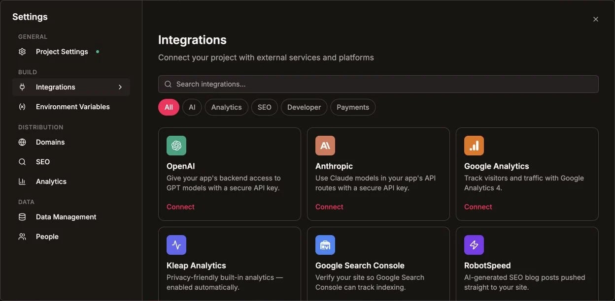 Kleap Integrations catalog in English with GitHub among the available services