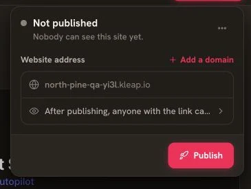 Kleap Publish panel in English with the deployment button