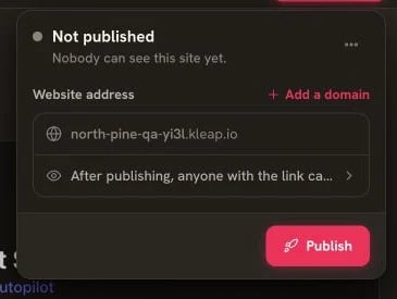 Kleap Publish panel in English with the deployment button