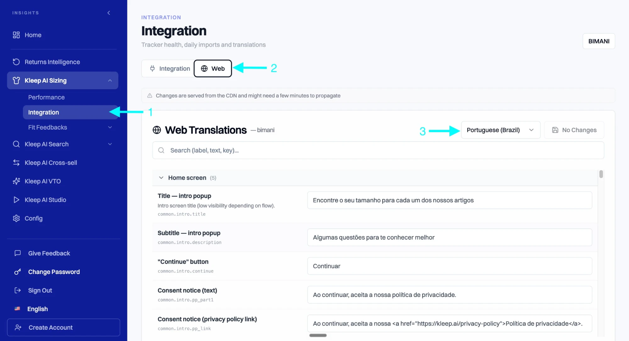 Kleep Dashboard Web Translations screen with arrows pointing to Integration in the sidebar, the Web tab, and the language dropdown showing Portuguese (Brazil) selected