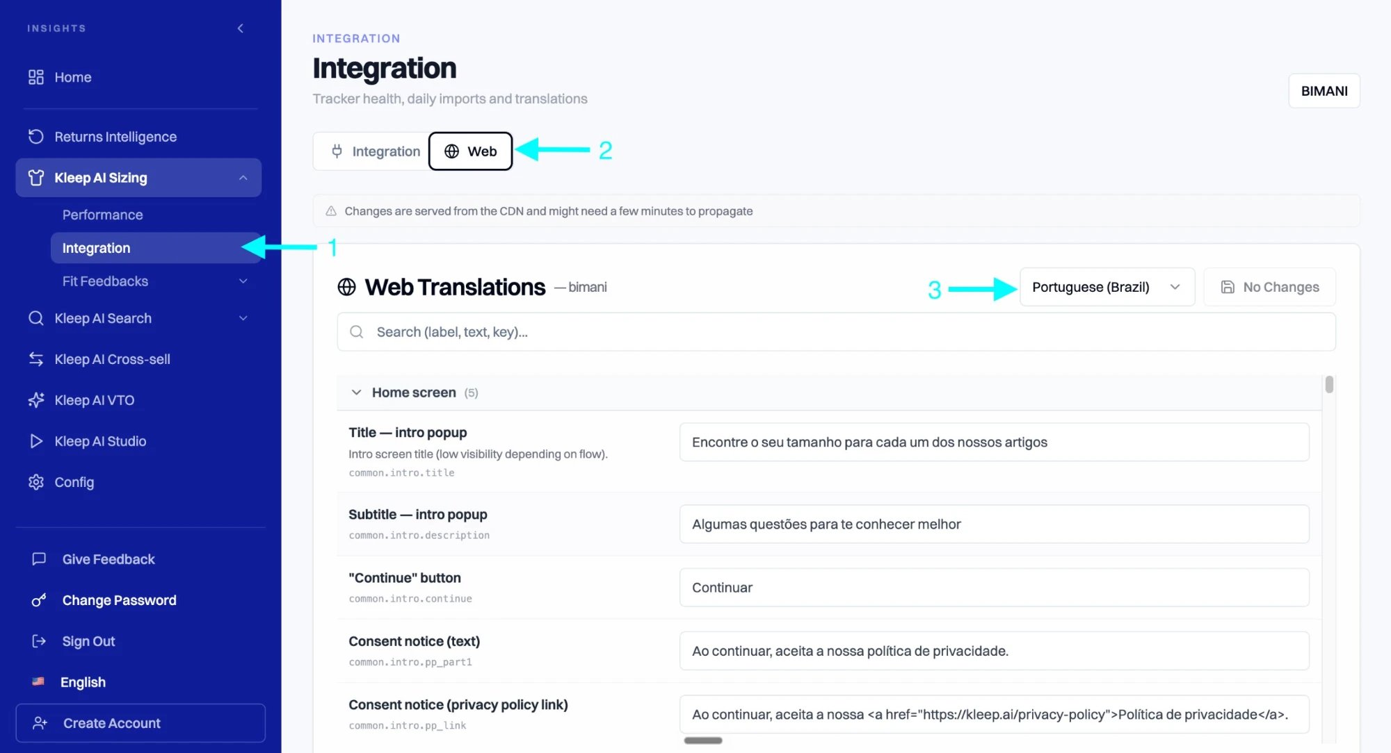 Kleep Dashboard Web Translations screen with arrows pointing to Integration in the sidebar, the Web tab, and the language dropdown showing Portuguese (Brazil) selected