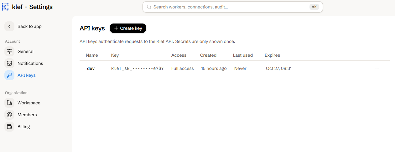 The API keys settings page