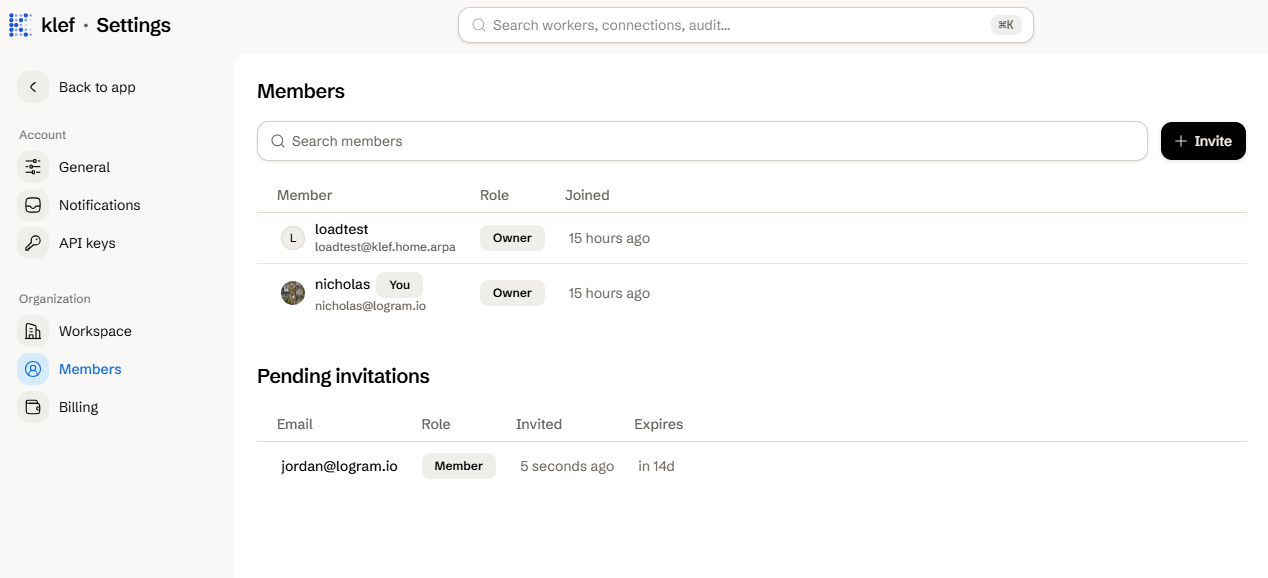 The members settings page
