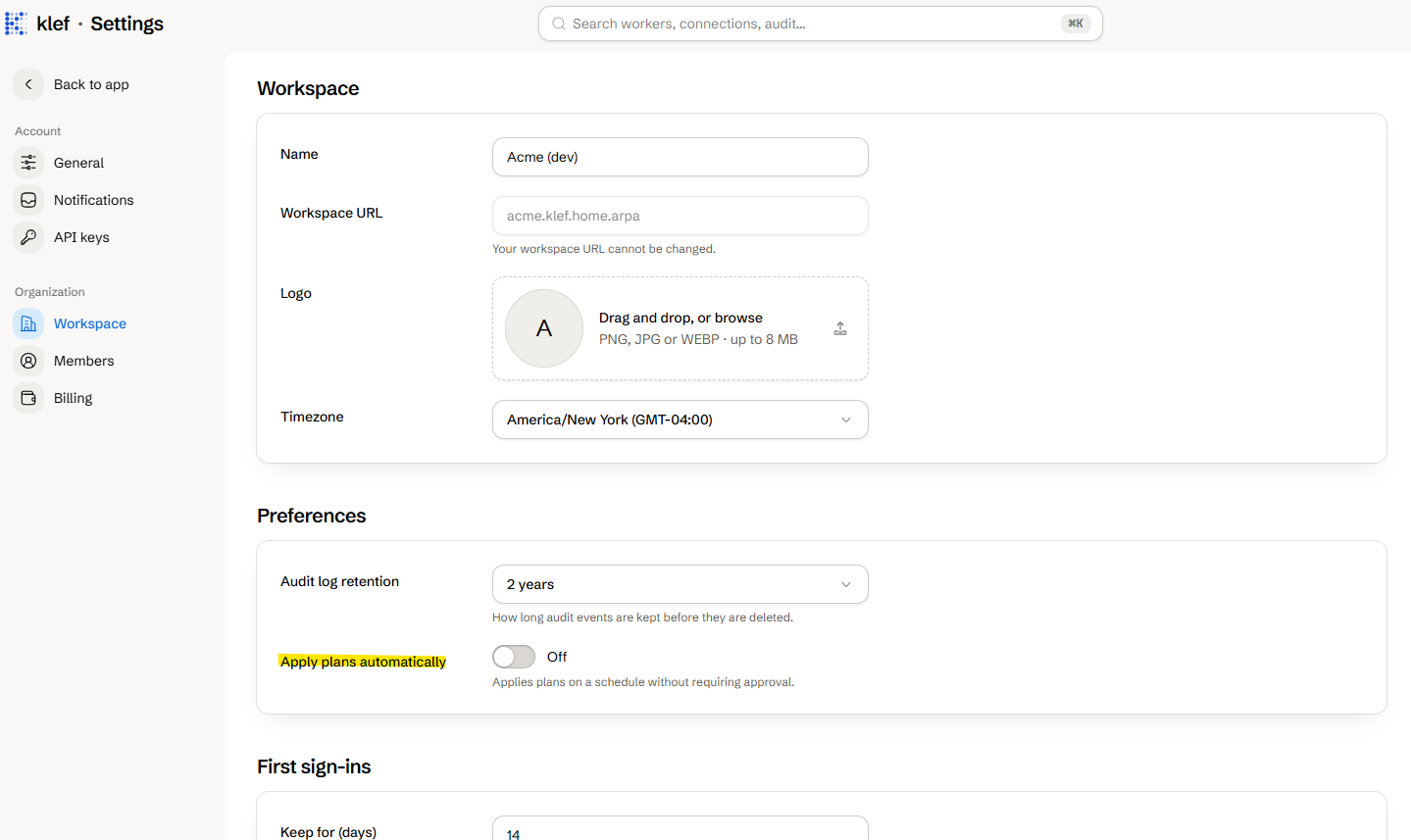 The workspace settings page