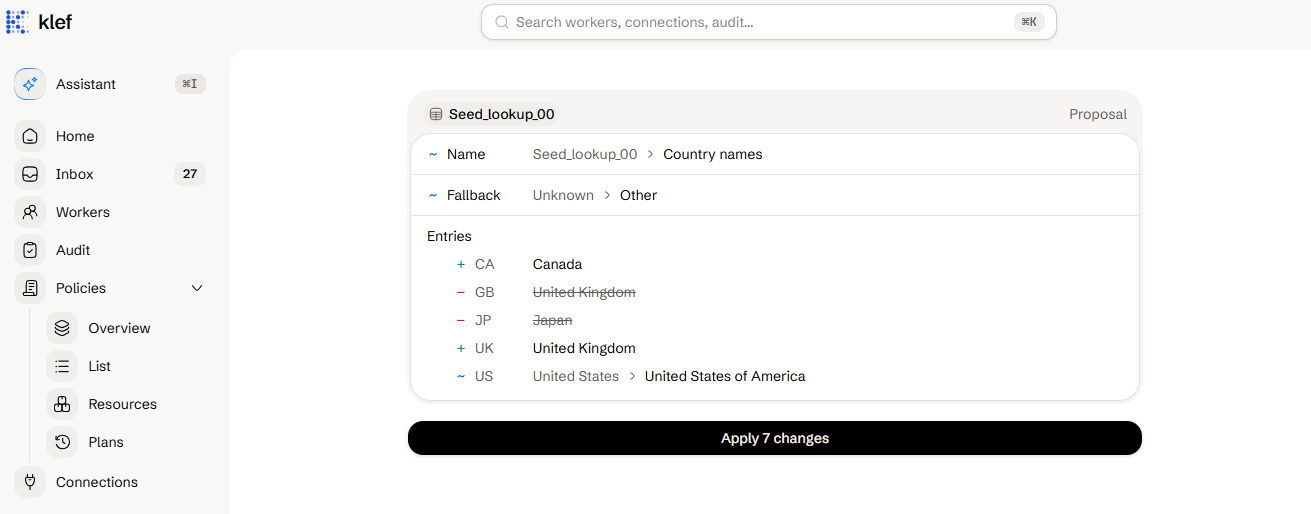 A proposal to change a lookup table, with an Apply button