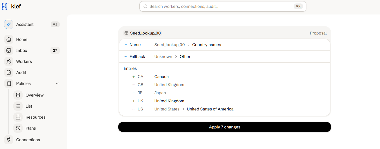 A proposal to change a lookup table, with an Apply button