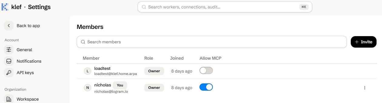 The Allow MCP switch on the members settings page