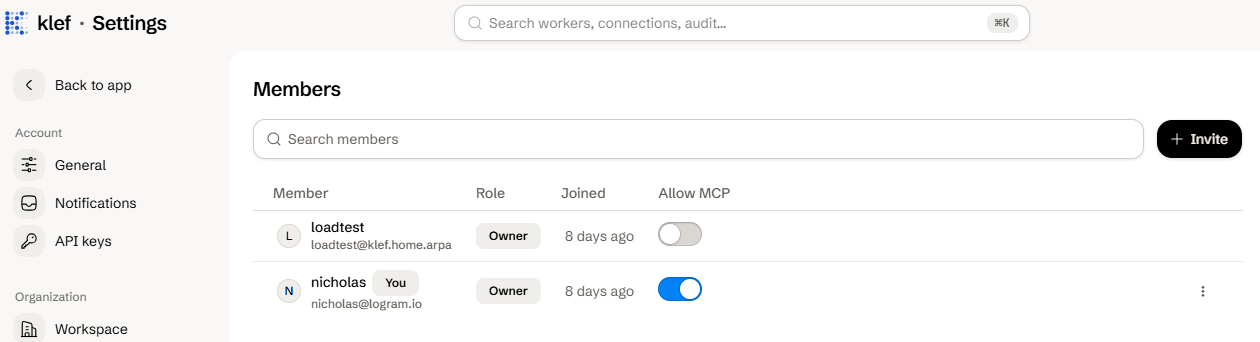 The Allow MCP switch on the members settings page
