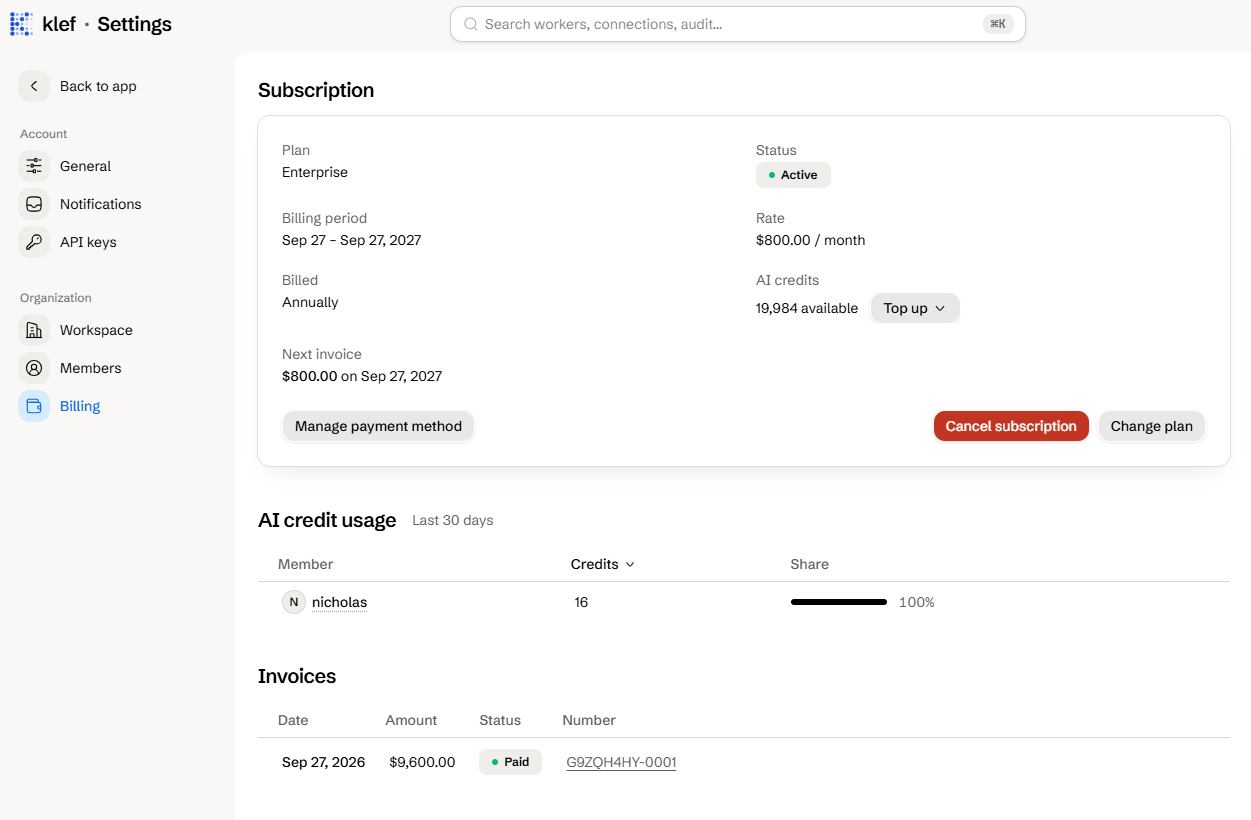 The billing settings page