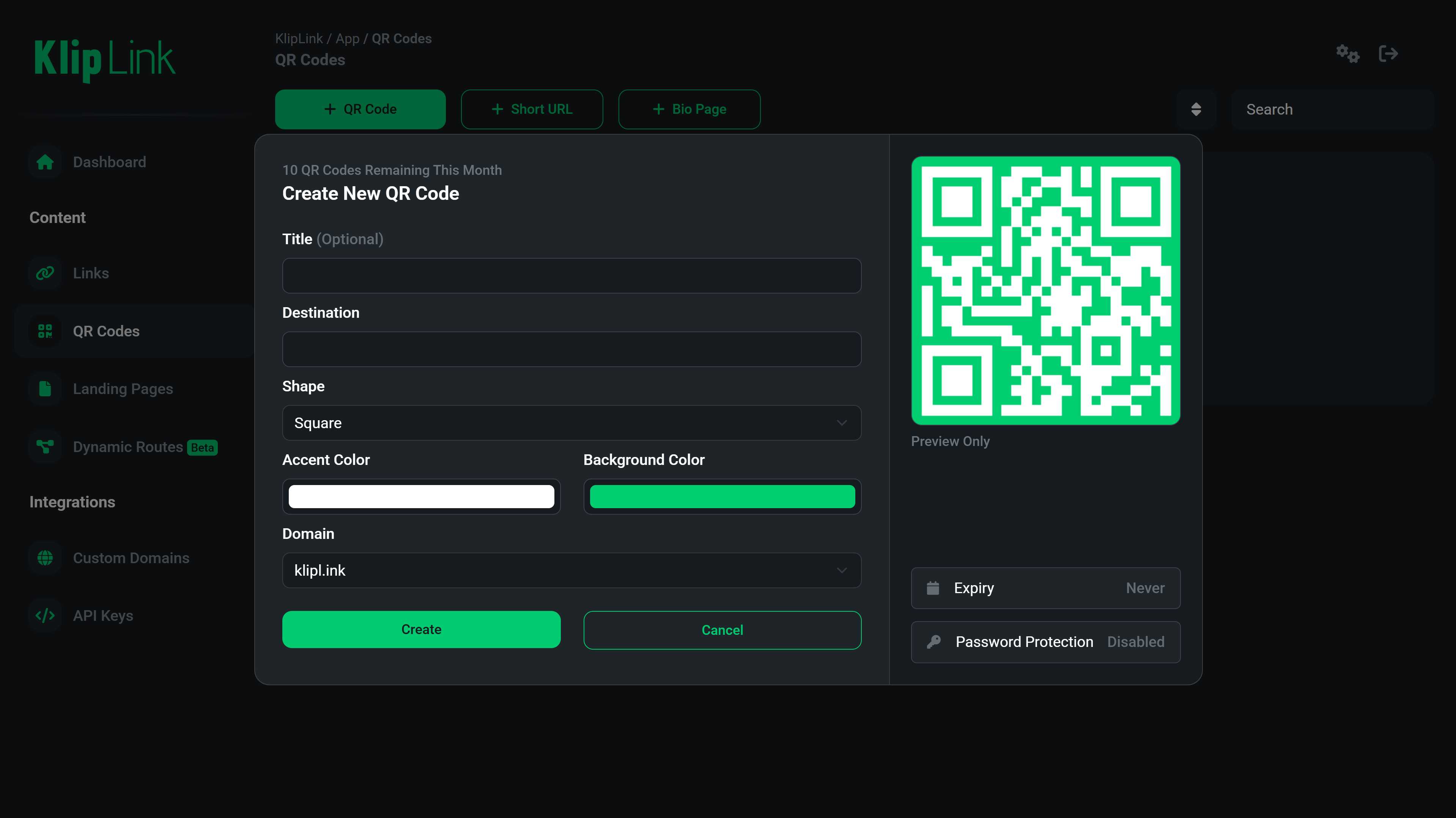 QR Creation KlipLink Dashboard Screenshot