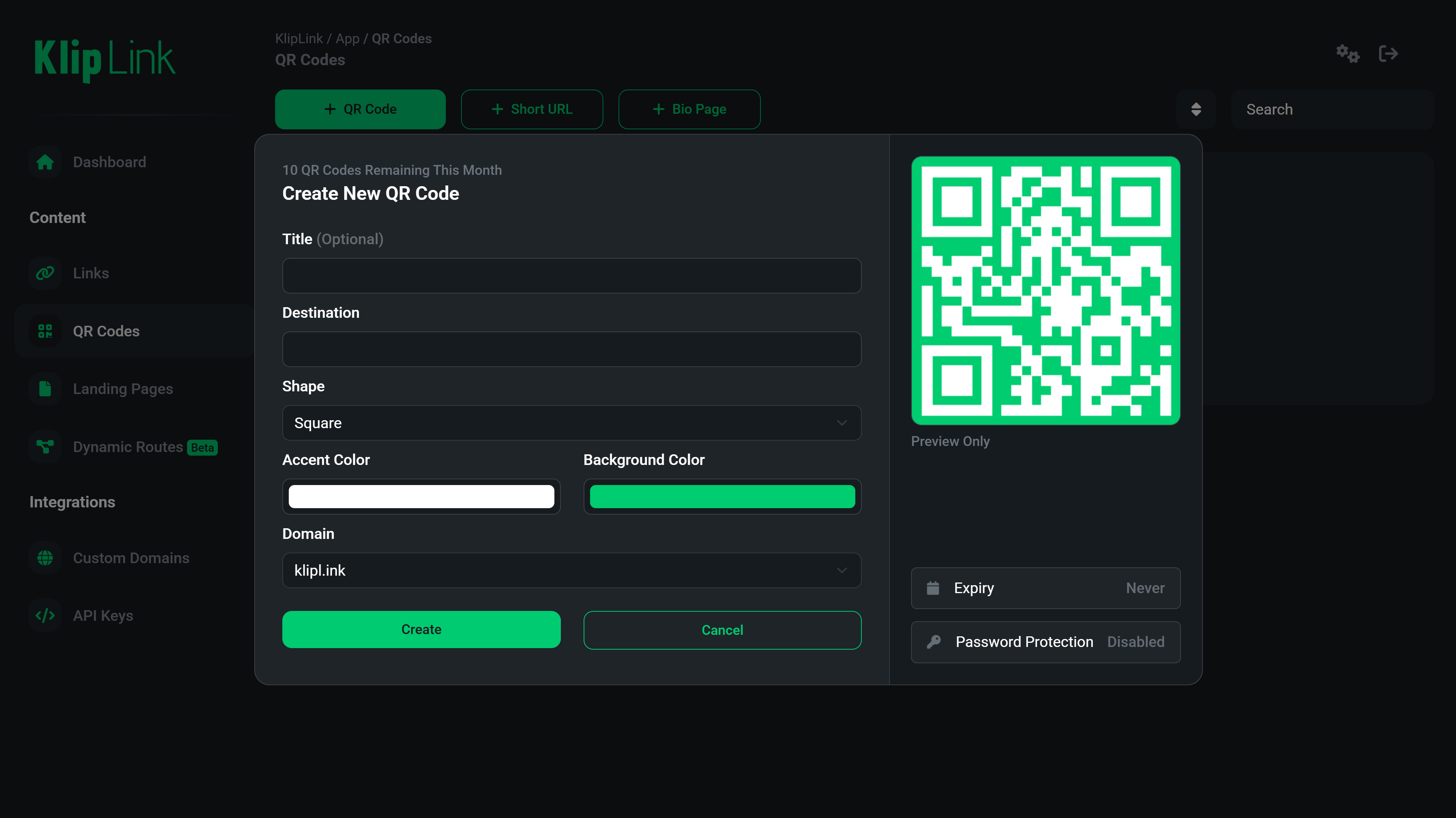 QR Creation KlipLink Dashboard Screenshot