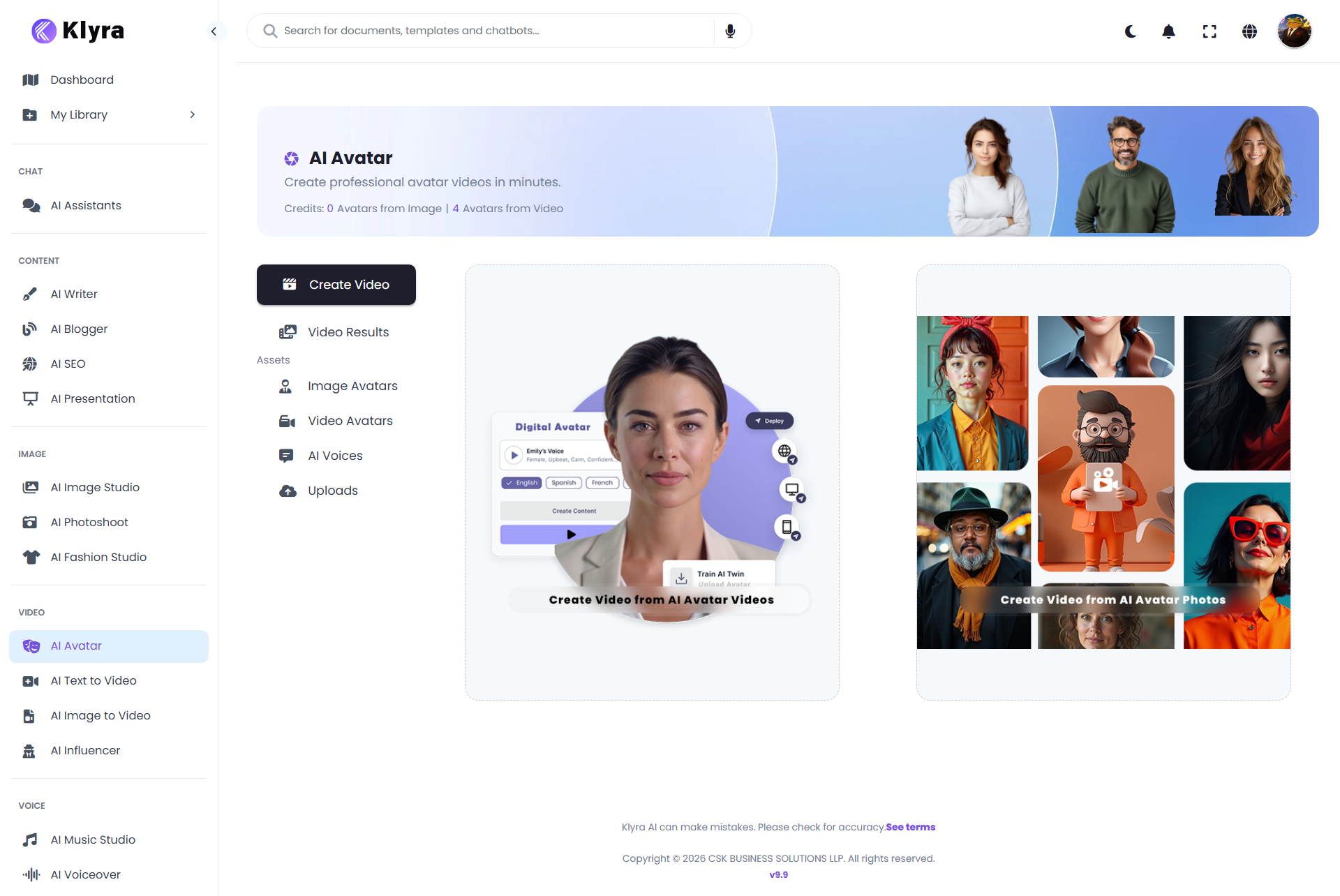 Klyra AI Avatar workspace showing the two avatar video creation options and avatar asset navigation