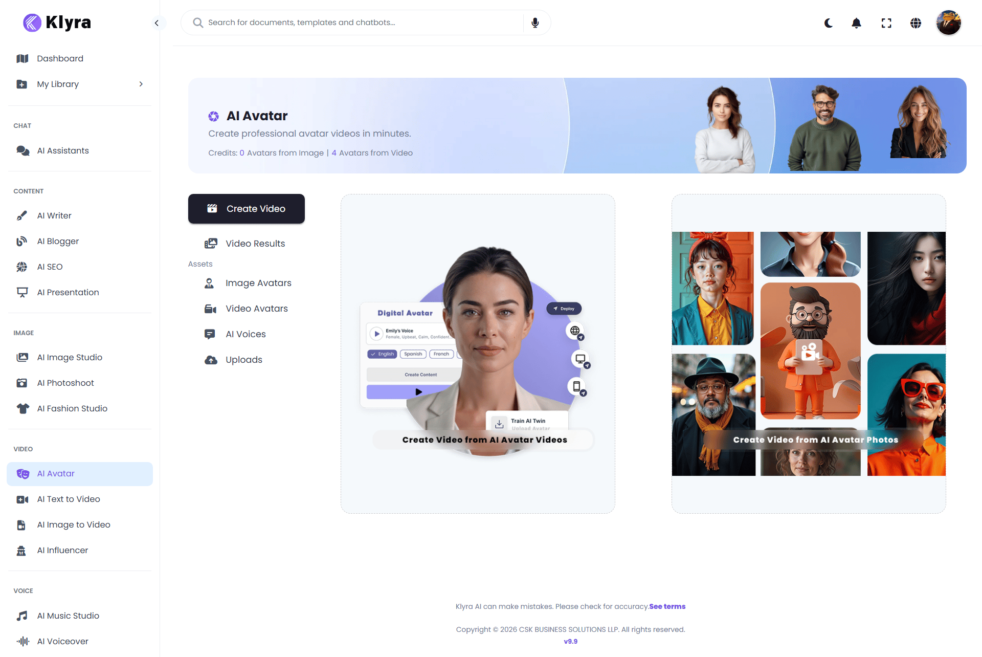 Klyra AI Avatar workspace showing the two avatar video creation options and avatar asset navigation