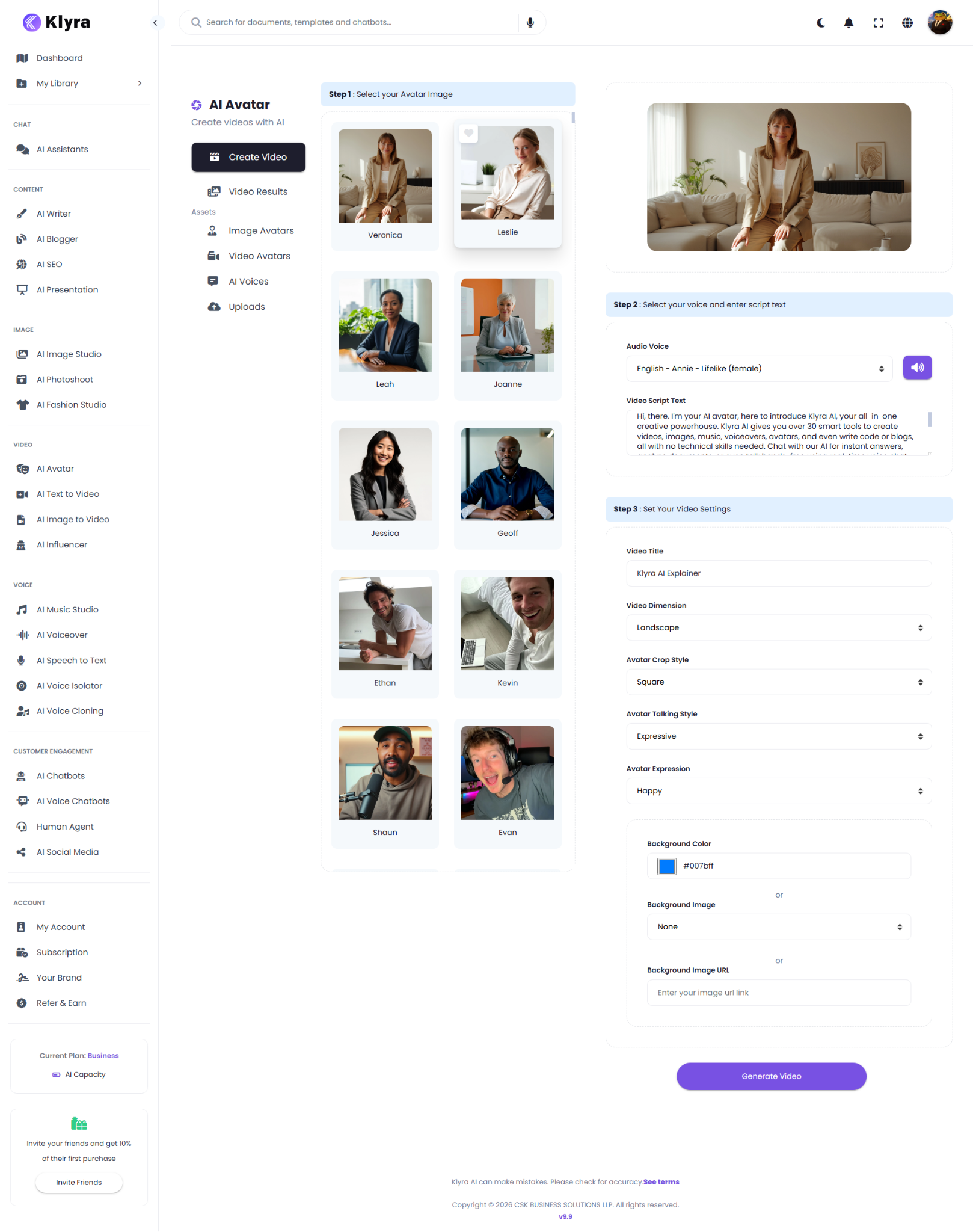 AI Avatar Create Video from AI Avatar Photos workflow showing image avatar selection, voice and script settings, and video settings