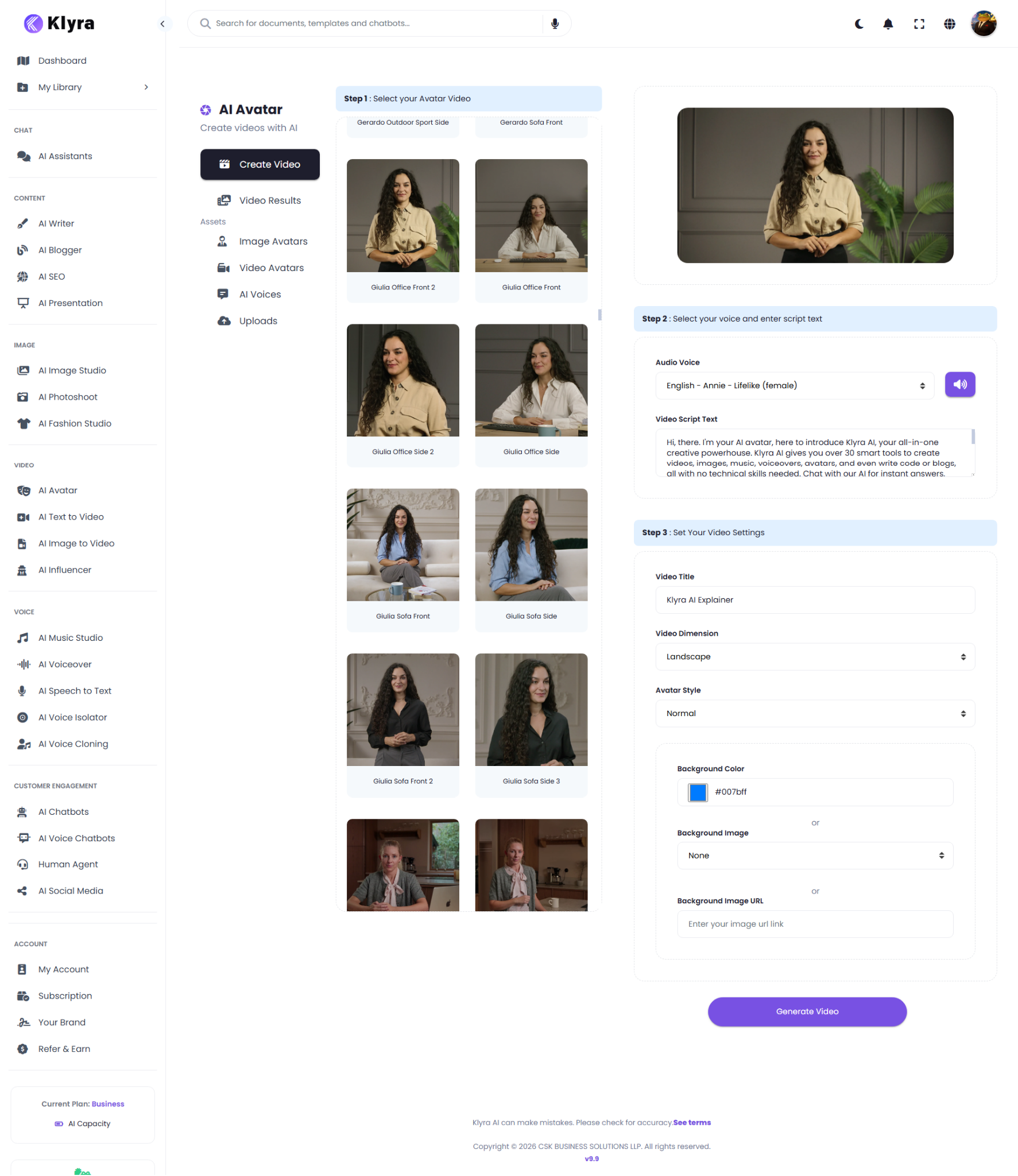 AI Avatar Create Video from AI Avatar Videos workflow showing the video avatar gallery