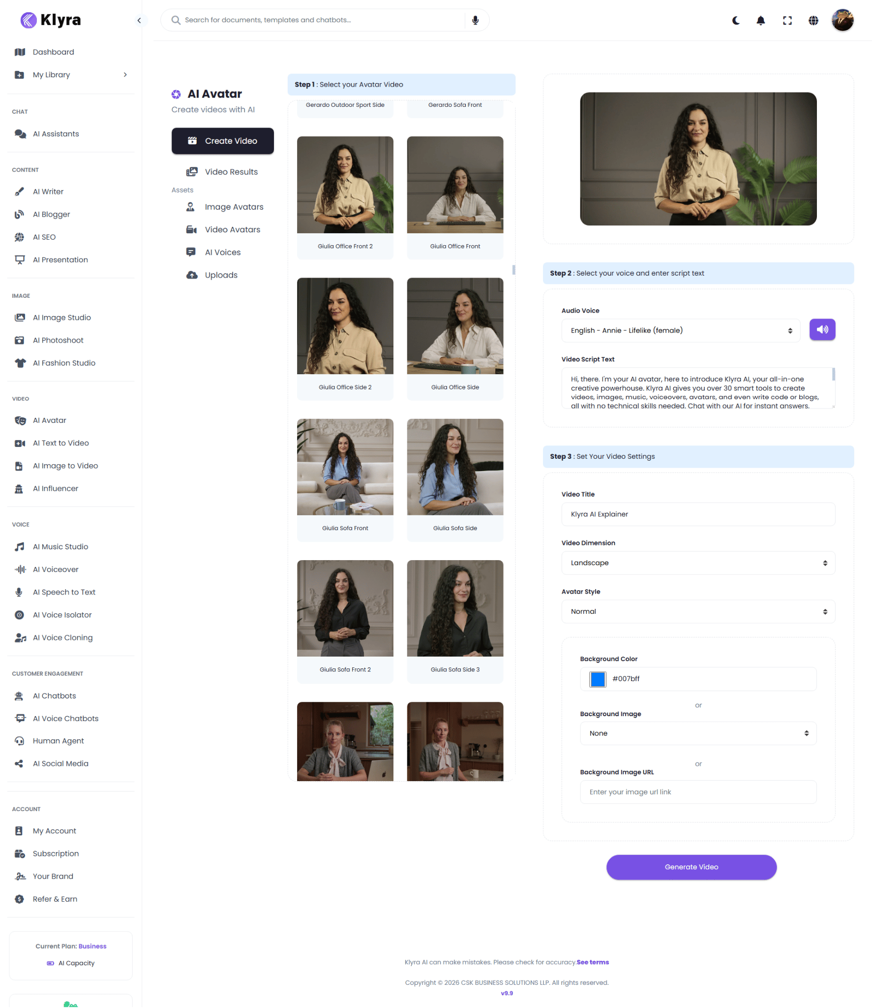 AI Avatar Create Video from AI Avatar Videos workflow showing the video avatar gallery